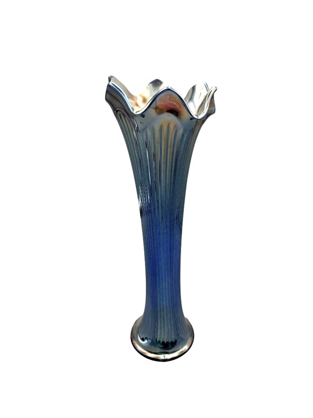 Fenton Fine Rib Cobalt Blue Carnival Glass Swung Vase Antique 1911-1928 Ruffled